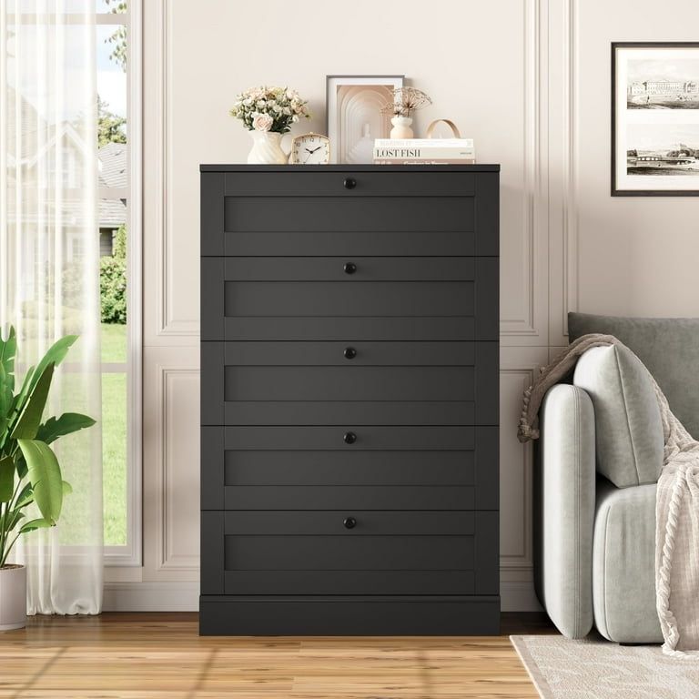 5 Drawer Black Bedroom Dresser, Modern Vertical Dresser Drawers Wood Organizer for Living Room Entryway Small Spaces