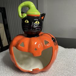 Ceramic Happy Halloween Black Witch Cat Orange Big Wide Mouth Candy Dish Decor