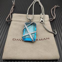 David Yurman Sterling Silver Necklace with Blue Crystal Pendant