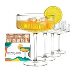 Martini Coupe Glasses Set of 4-10 oz Elegant Ribbed Cocktail Glass, Premium Crystal Glass for Espresso, Champagne, Martini, Desserts, Perfect for Gift