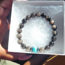Turquoise and silver obsidian bracelet