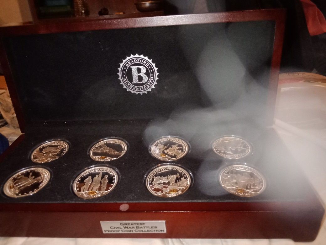 Limited Edition 8 Coin Proof Bradford Exchange Battles Of The Civil War Set In Wooden Display Box Paid 299$ 2 Months Ago