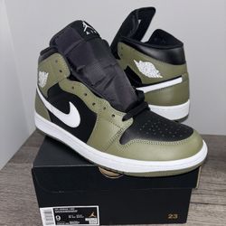 AIR JORDAN 1 MID BLACK/WHITE-MEDIUM OLIVE-SAI L