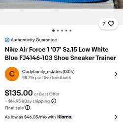 Nike Air Force 1 '07 Sz 15 Low White Blue  Fj4146-103 Shoe Sneaker 👟 Trainer