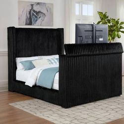 New Queen Wingback Bed Upholstered in Black Velvet With Built In Hidden TV Stand