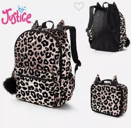NEW! Justice CHEETAH Leopard Sequins Girls Suit Case Luggage Backpack Travel Bag + Lunchbox