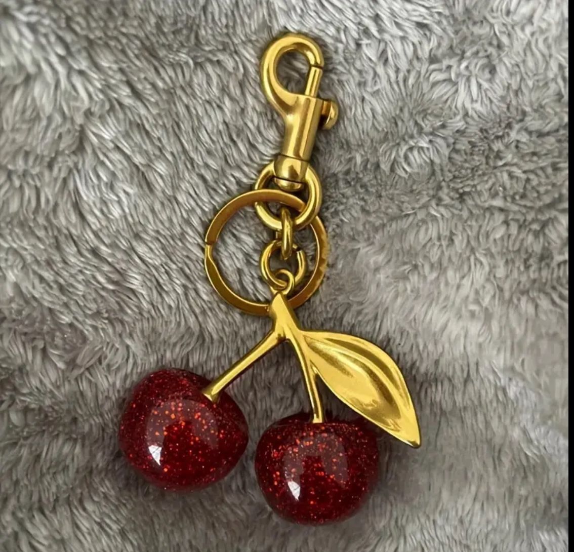 New Heavy Cherry Red Bag Charm Key Chain Glitter Resin & Goldtone C-clasp 