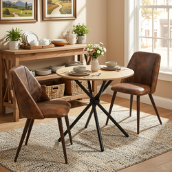 Homy Casa FONTANA+KALI 3PC Dining Set 31.5” Round Table with 2 Kali Suede Brown Chairs and Walnut Legs in Natural Finish