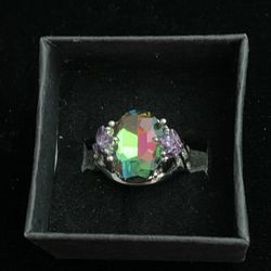 Beautiful Silver Ring With Rainbow Zircon And Purple Stones 
