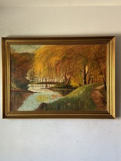 H KLEIN ANTIQUE LANDSCAPE IMPRESSIONIST OIL PAINTING OLD VINTAGE AUTUM LAKE 1930