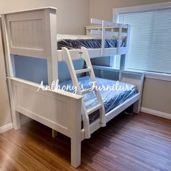 New White Solid Wood Twin Over Full Bunk Bed With Bamboo Mattress 