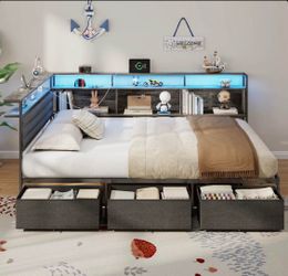NEW TWIN BED FRAME Bed Frame with 3 Drawers and Storage Bookcase, Daybed with Charging Station and L