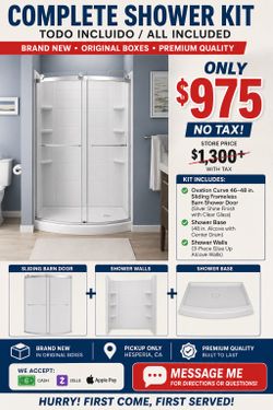 🚿 BRAND NEW Complete Shower Kit – ONLY $975! 🚿  Upgrade your bathroom and save big!  We have this complete shower kit that includes:  ✅ Ovation Curv