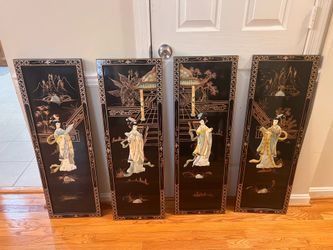 Vintage Asian Black Lacquer Wall Art Panels – Set of 4 Geisha Mother-of-Pearl Style Inlay