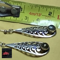 FLASH LABRADORITE ELONGATED FILIGREE EARRINGS. HYPOALLERGENIC STERLING. 2-1/4" (E-73941)