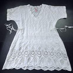Johnny Was Ivory Eyelet Tunic mini dress Eyelet Lace Dress waisted coverup small