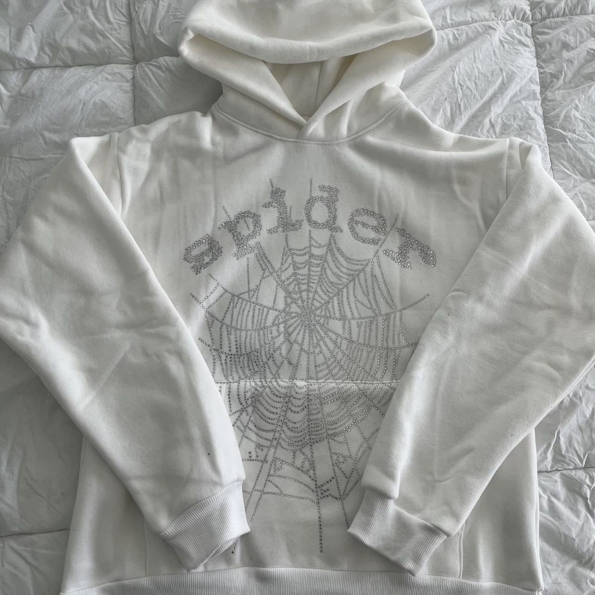 White Rhinestone Sp5der Hoodie MEDIUM