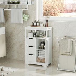New White Bathroom Floor Cabinet, Storage Organizer with 3 Drawers 1 Door,