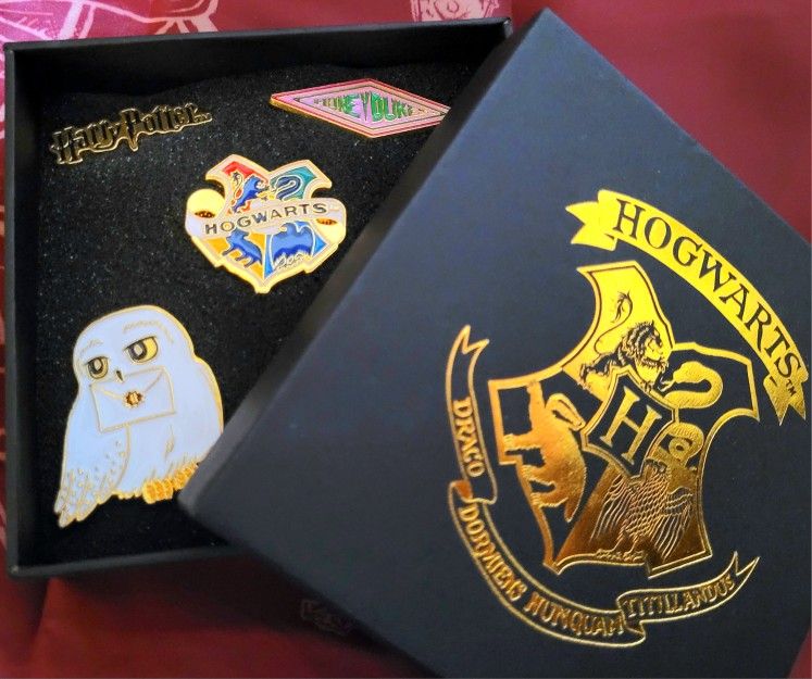 Harry Potter Collectible Enamel Pin Set Lot In Hogwarts Themed Box Brand New Great Gift!!