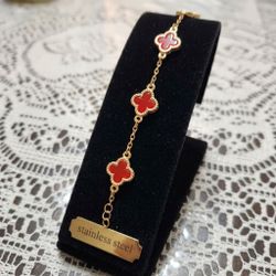 Gold-Tone Stainless Steel Red Clover Bracelet