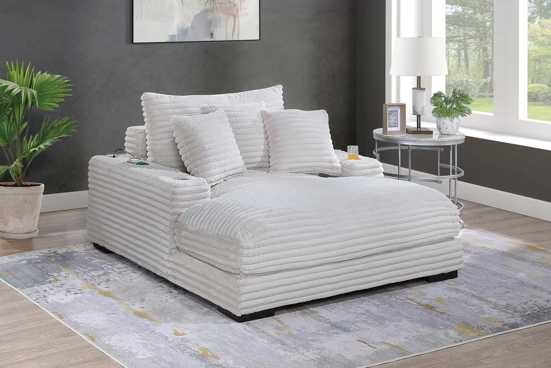 Beige Chaise Lounge w/ Cup holders & USB Ports