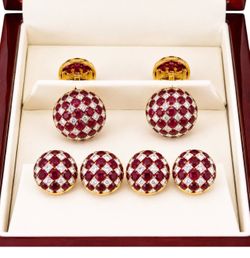 ESTATE Vintage Checkerboard 6pc 18K Gold Ruby Diamond Stud Cufflinks & Studs Set