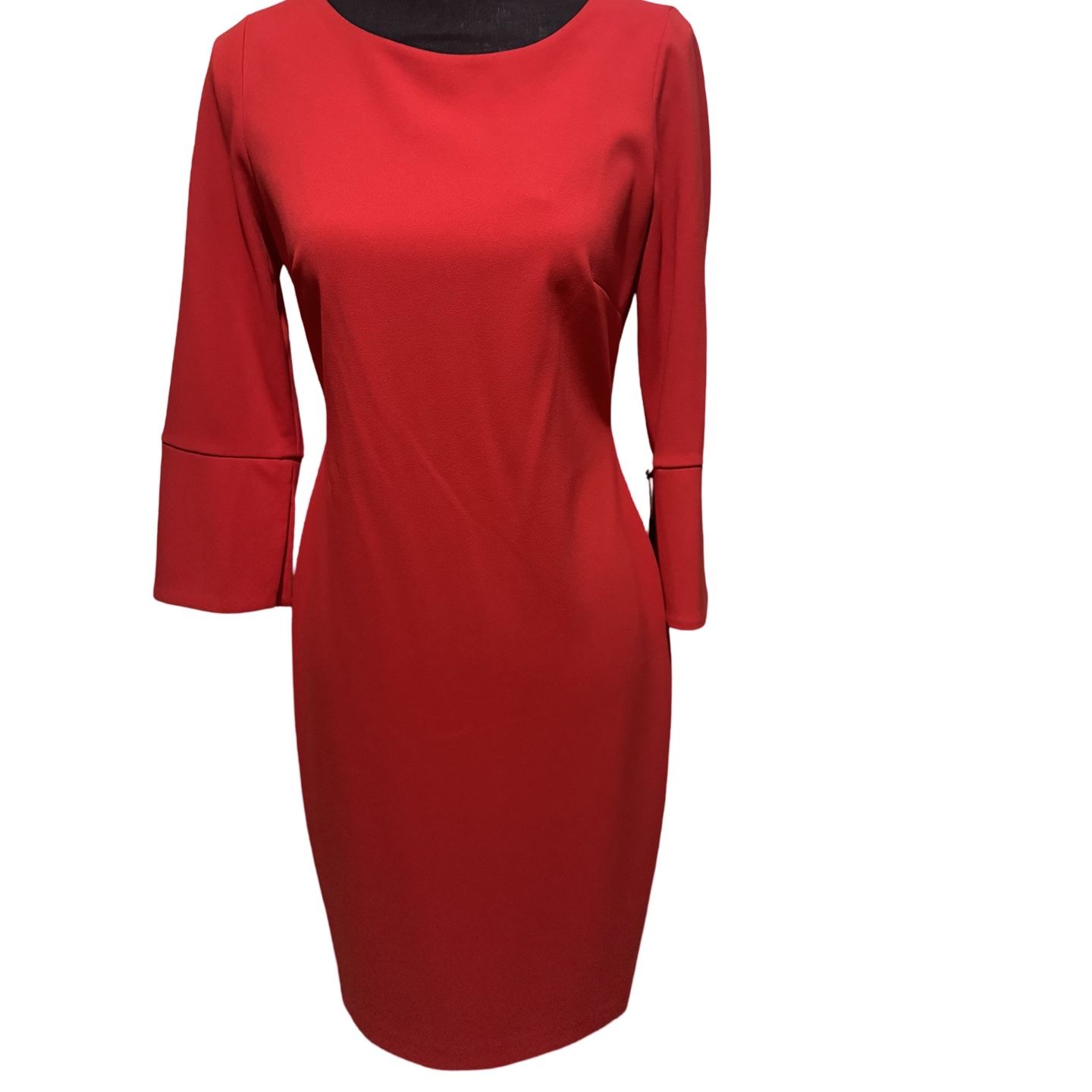calvin klein red dress with belt Women's Calvin Klein Scuba Crepe Asym Rouched Neck Midi With Belt