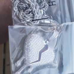 Men's Iced Out Full Diamond Broken Heart Pendant Necklace Chain Silver Gold

