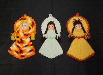 Vintage Handmade Doll Faced Potholders Trio