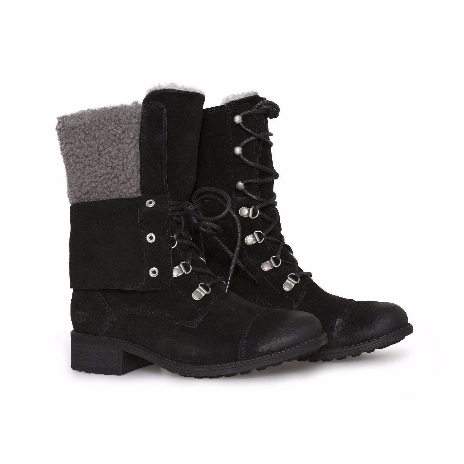 UGG Women's Black Suede Leather Gradin Wool Lace Up Fold-Down Combat Ankle Boots