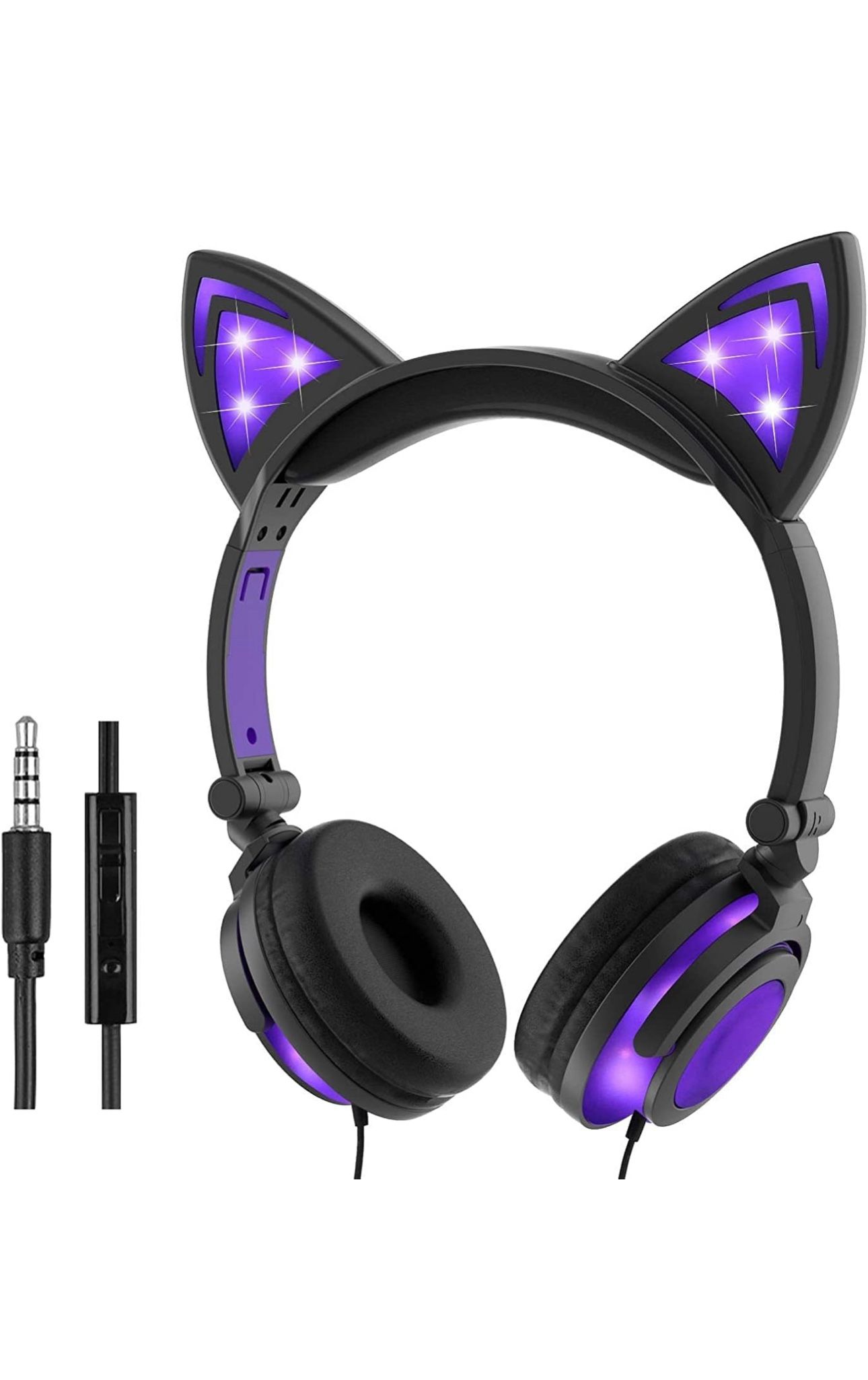 Kids Headphones with Light up cat Ears On Ear LED Kitty Headphones with Mic for Kids Boys Girls Children Wired Headset for School Learning Tablet (Pur