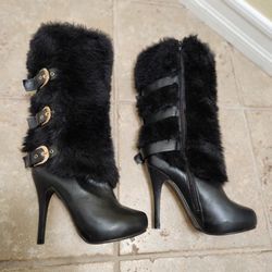 Mid-Calf Furry Black Stilleto Boots With Gold Buckles (Size 10)