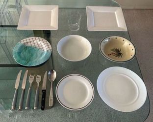 17 Piece Dishware Dishes For Single Person, RV Camping Large Dinner Plate Soup Fruit Salad Cereal Bowl Glass Mug Knives Forks Spoon