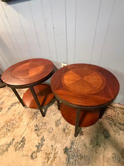 Matching Set of 2 Round Wood End Tables with Lower Shelves