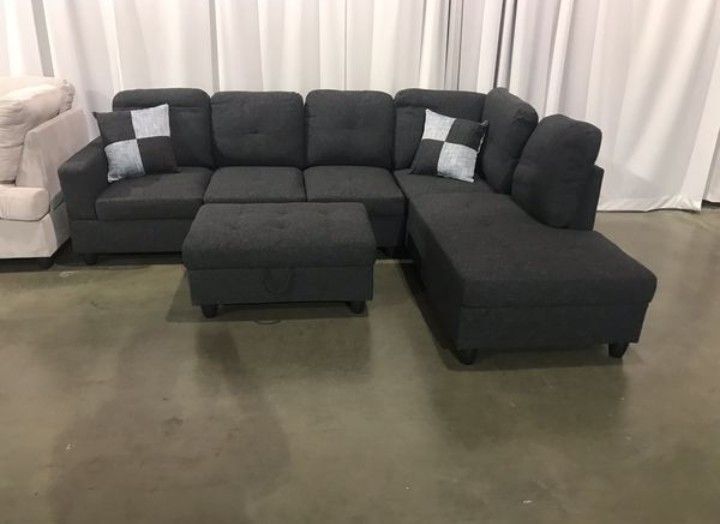 Brand New Charcoal Gray Linen Sectional With Storage Ottoman