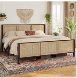 King Bed Frame, Platform Bed Frame with Rattan Headboard