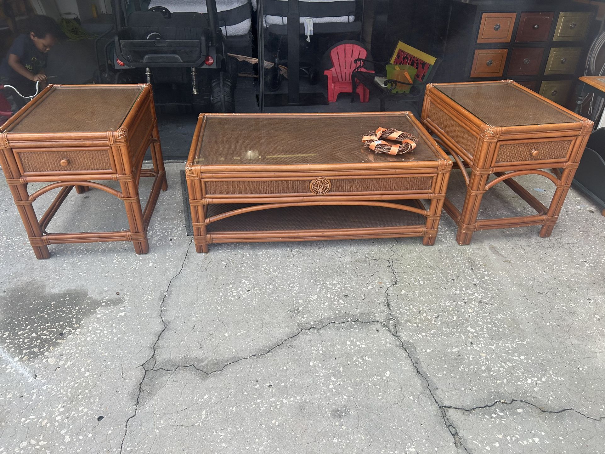 Three-Piece Coffee Table Bamboo Set With Glass Top