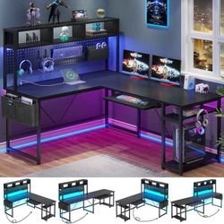L-Shaped Gaming Desk with Hutch and LED Lights