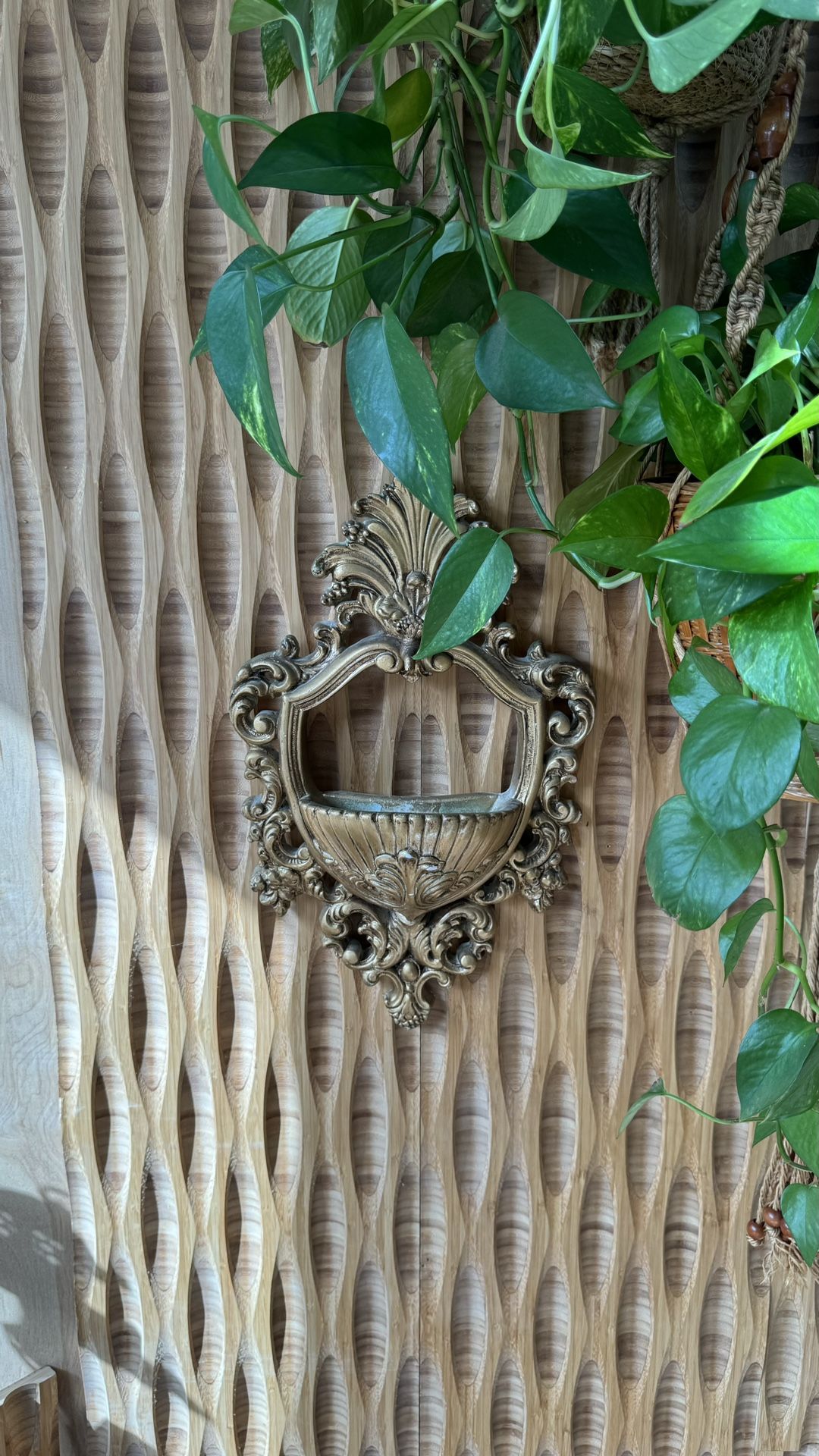 Vintage Fountain Gold Plant Holder Hollywood Regency Scroll Floral Wall Decor Garden Ceramic Ornate