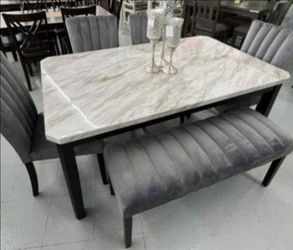 ✅️✅️ 5 pc Pascal black wood finish faux marble top dining table set grey fabric (Bench not included)✅️✅️