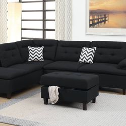 Linen Sectional & Ottoman - AVAILABLE IN BLACK OR  GREY