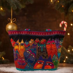 LAUREL BURCH Tote Bag Cat Faces Art Large Colorful Boho Style Shoulder Bag NWT