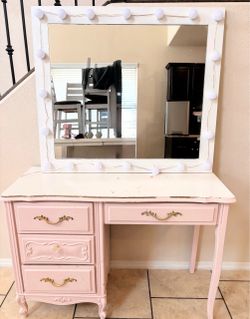 Pink French Provincial Vanity Desk with Mirror