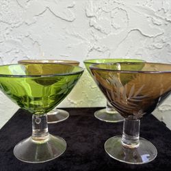 MICHAEL WEEMS Green/Amber Etched-Tropical Martini/Margarita Glasses Set (of 4)