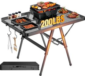 Raynesys Foldable Grill Table with Mesh Desktop, 200lbs 3Ft Portable Folding Table, Height Adjustable Metal Table for Ourdoor, Camping, Picnic, BBQ an