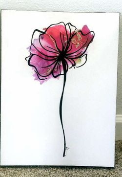 Pair of Handmade Rose Line-Art Canvases, Pink & Blue