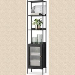 Black 6-Tier Bookcase with Metal Frame and Door, New, Unassembled