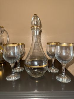Vintage Gold Rim Pitcher and 4 glasses