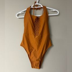 Aerie Orange Rust Macrame Halter One Piece Swim Suit

