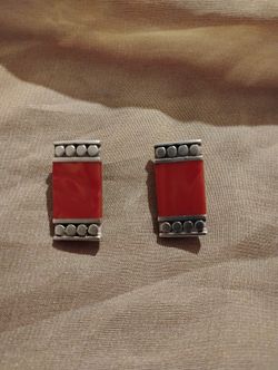 Vintage Art Deco Sterling Silver and Red Coral Clip On Earrings